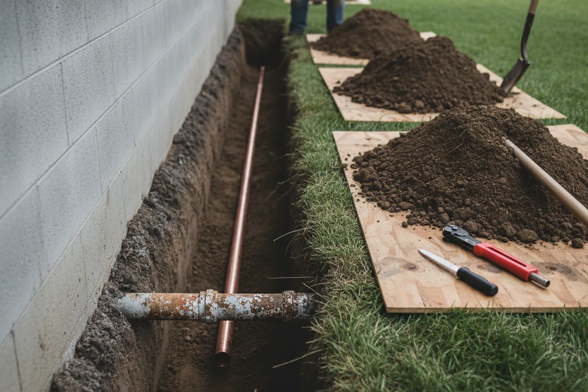 Excavated water line trench during Water Heater Repair in Skull Valley